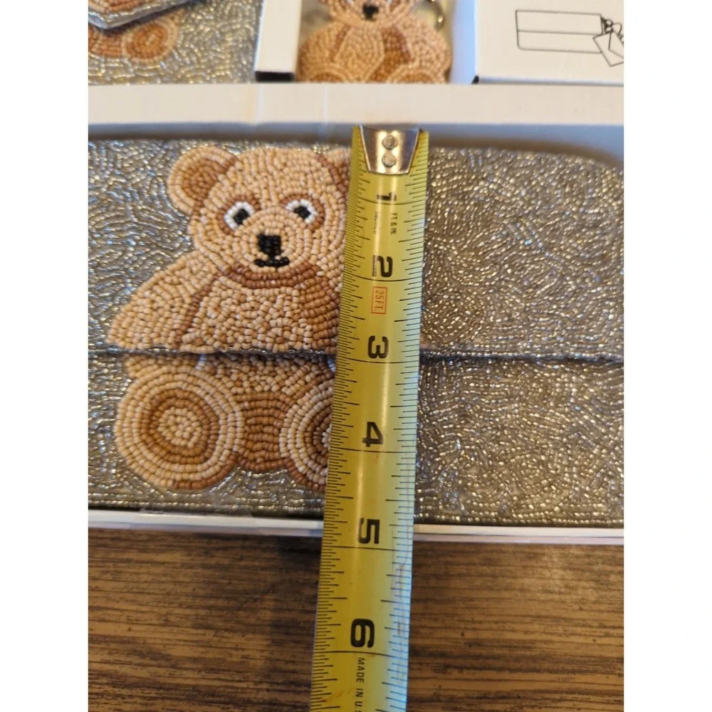 NEW Rachel Zoe Teddy Bear Beaded Clutch Wallet and Key Chain 3-Piece Set Ret $98
